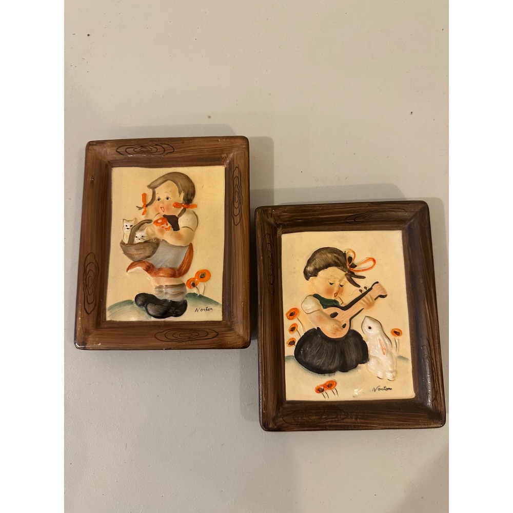Vintage Napco Japan Ceramic Wall Plaques Pair Norton Girl Kittens Rabbit SH 713